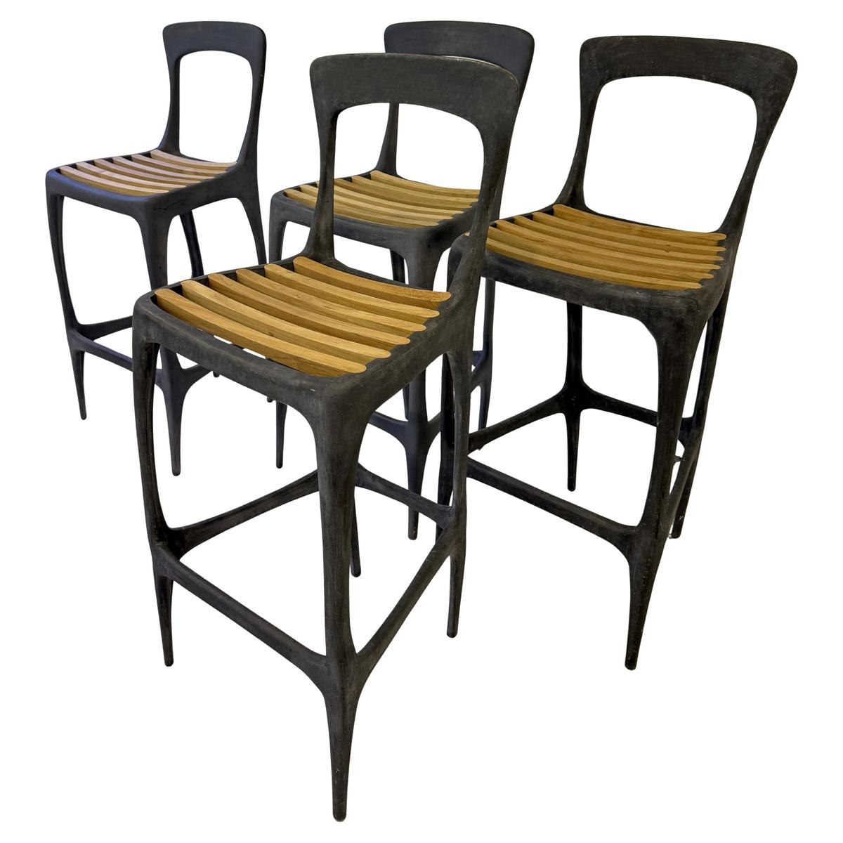 John Reeves Patio or Indoor Metal Bar Stools Teak Slats
