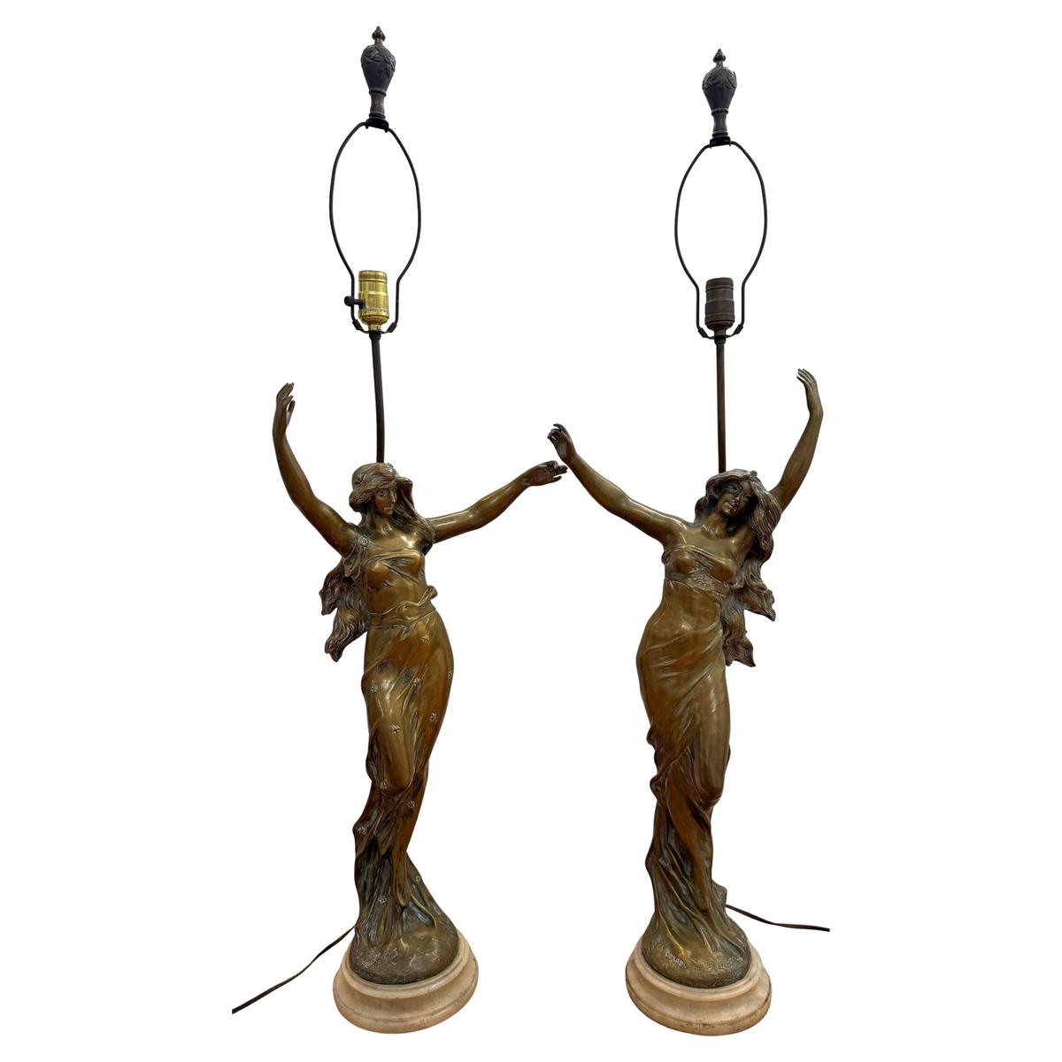 Monumental Pair of French Art Nouveau Figural Lamps, Circa 1900
