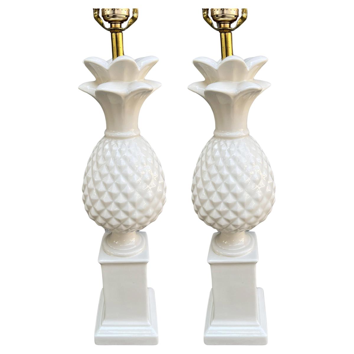 Pair of 1970's White Ceramic Pineapple Lamps