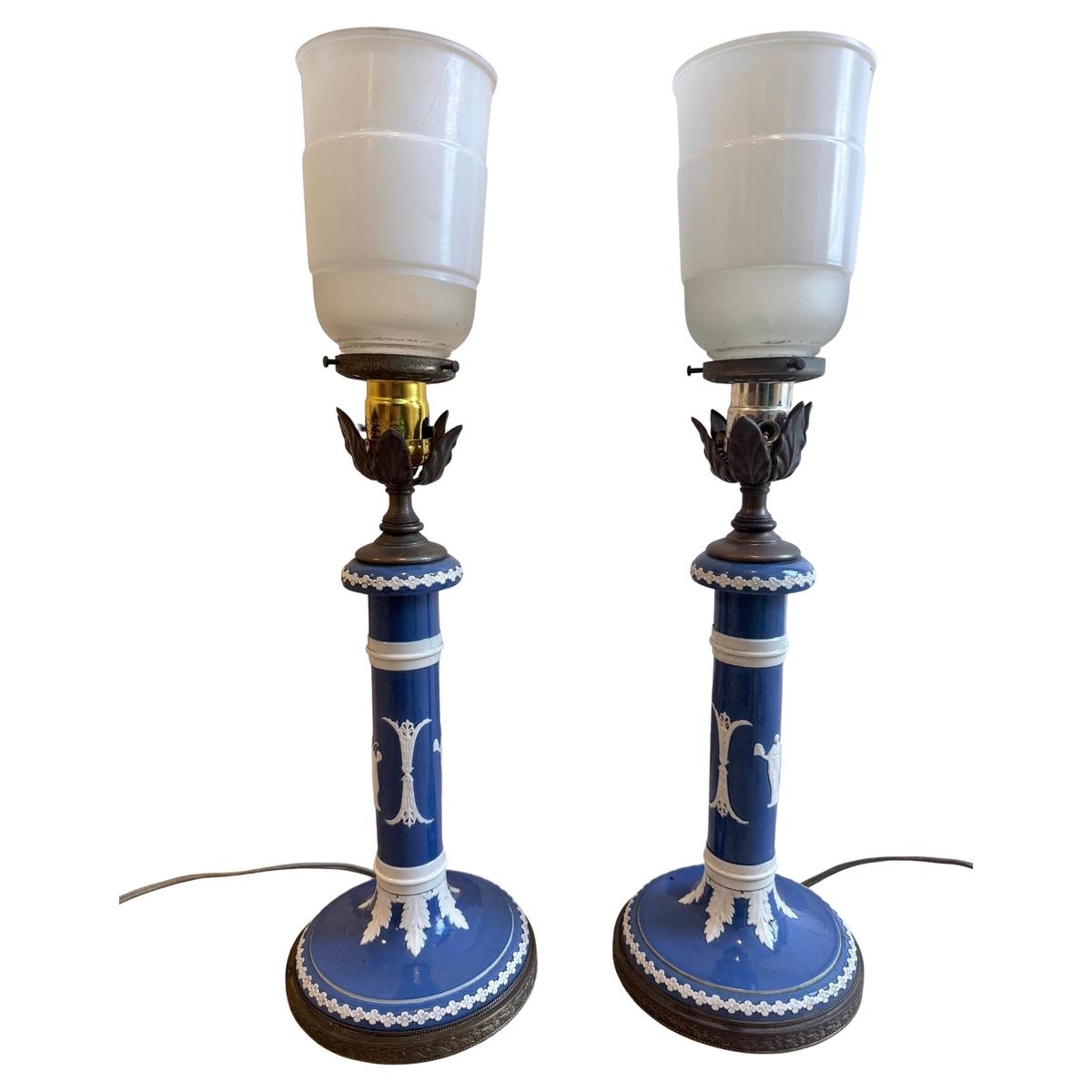 Pair of Dudson Brothers Hanley Blue Jasperware Neoclassical Column Table Lamps