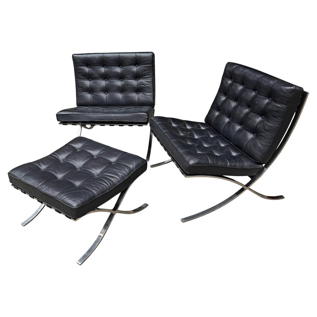 Pair of Knoll Barcelona Chairs Stainless Steel with ottoman