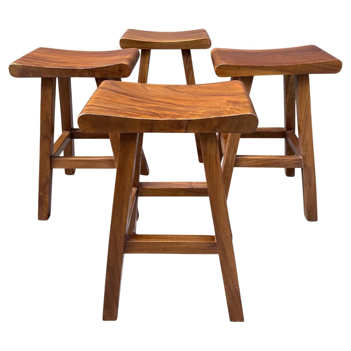 Set of 4 Modern Craft Solid Wood Saddle Seat Stools, Handcrafted Joinery