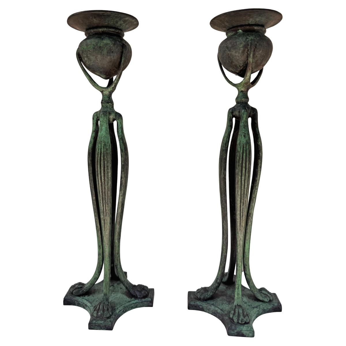 Tiffany Studios Bronze Candlesticks Model 1201. Arts & Crafts, circa 1910