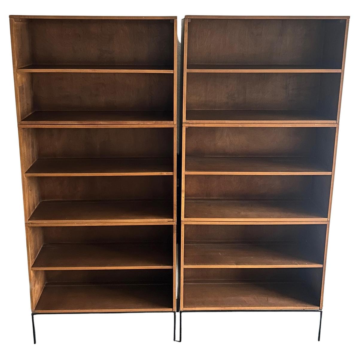 Pair Mid century Paul McCobb Triple Bookshelves #1516 Walnut Finish Iron Base